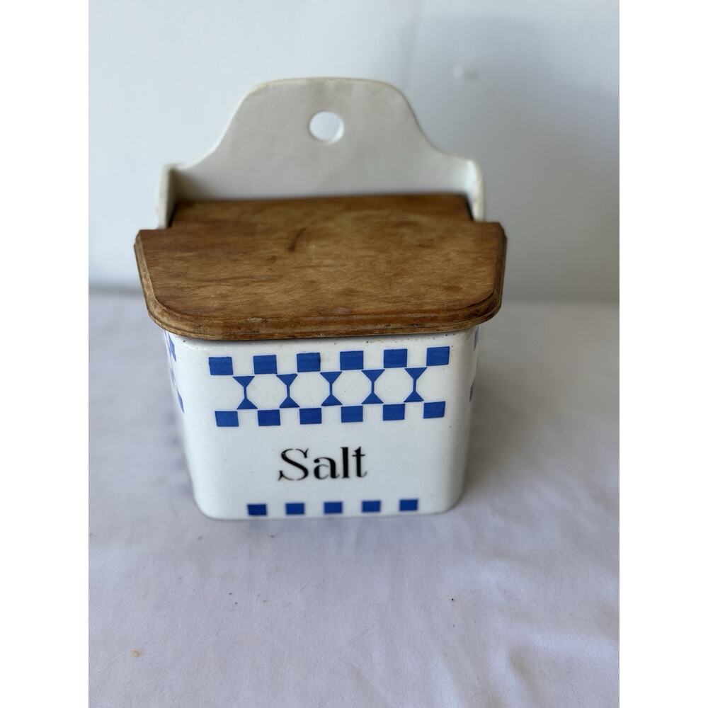 Old German Blue and White Ceramic Wall Salt Cellar Wood Lid Read description